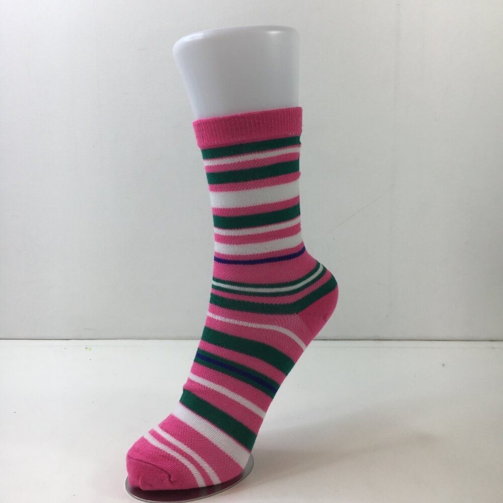 Womens Bright Striped Fun Pattern Crew Socks Ribbed Cuffs Pink Green White